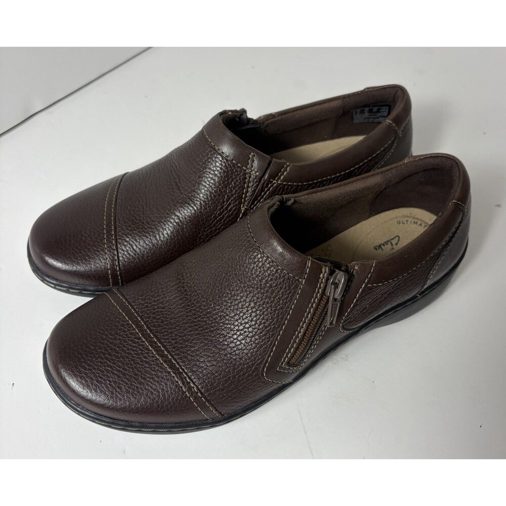 Clarks Collection Cora Slip On Side Zip Shoes Brown Leather Women’s Size 6.5 M
